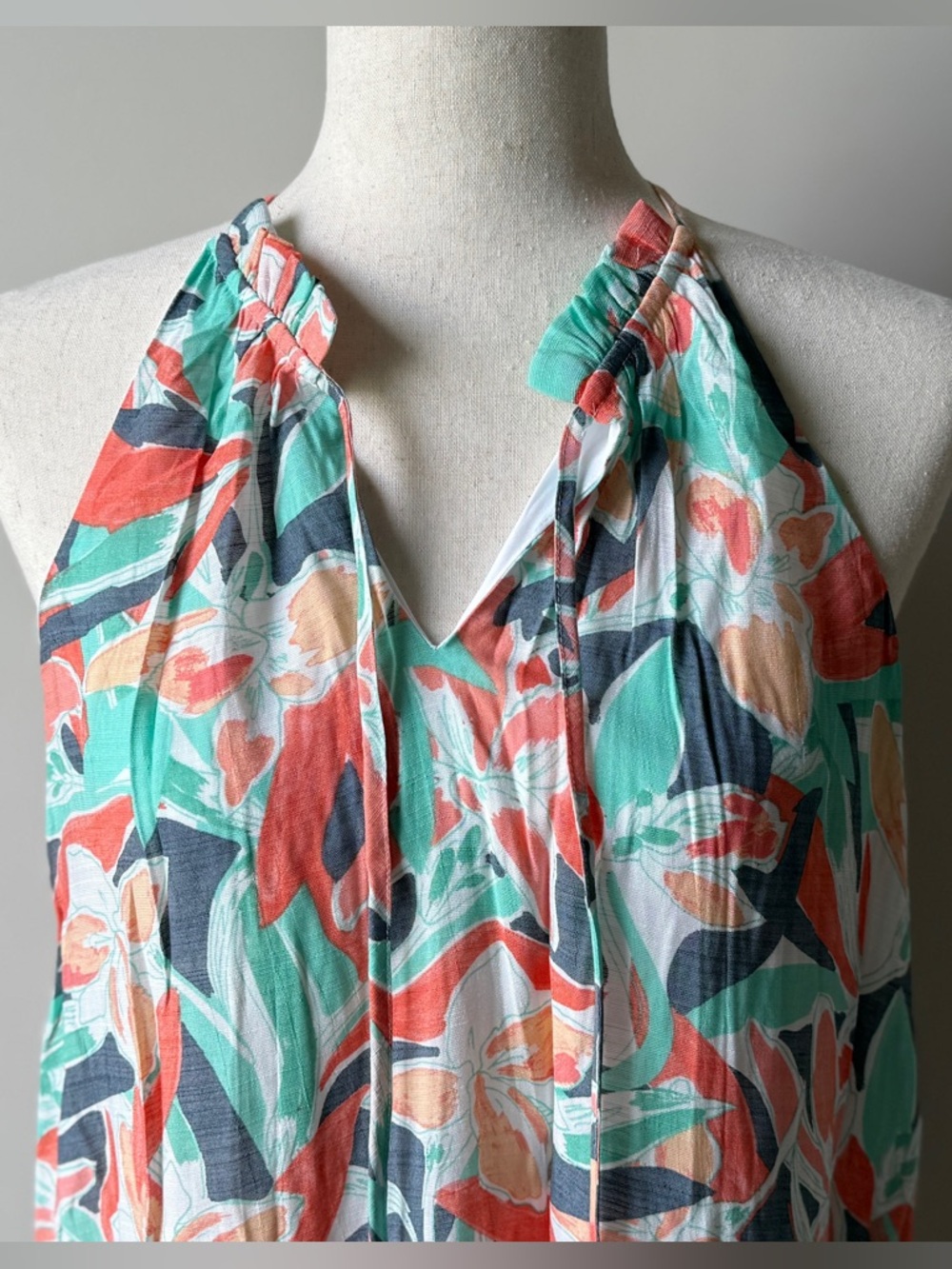 Nine West Sleeveless Maxi Dress White with Mint, Coral & Navy Tropical Print - Picture 2 of 7
